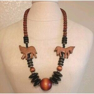Vintage Wooden Bead Statement Necklace Africa Tribal Folk Oversized Brown Boho